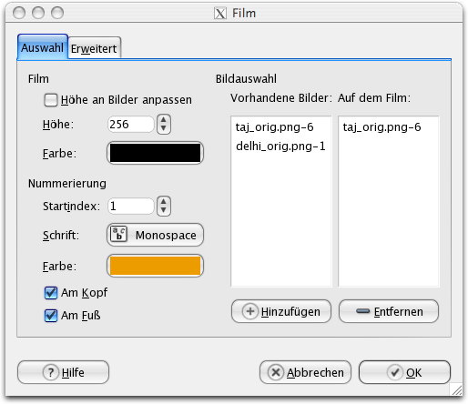 Eigenschaften (Auswahl) für das Filter Film